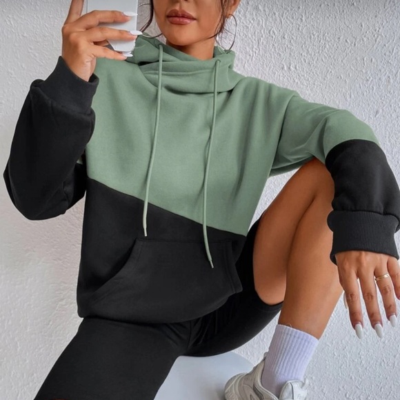 SHEIN Tops - SHEIN Green and Black Colorblock Hoodie
